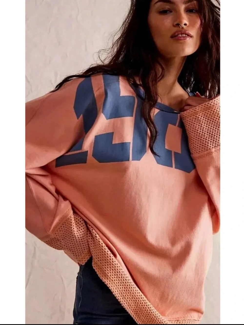 We The Free FP Courside Tee Tunic 1985 Peach Salmon Women Medium Long Sleeve